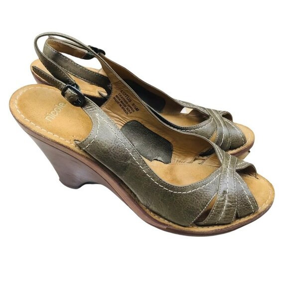 Nicole Lotus Peep Toe Leather Olive wedge Sandals Women size 9.5 - Picture 6 of 15